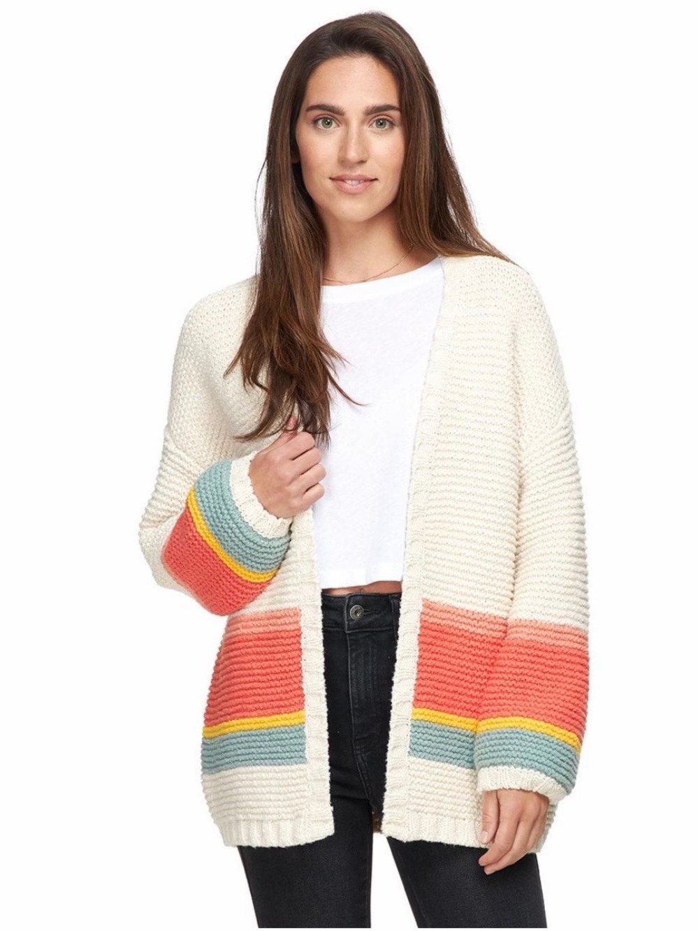 Marine Layer Karolina Cream Knit Cardigan with Coral, Teal & Yellow Stripes Med